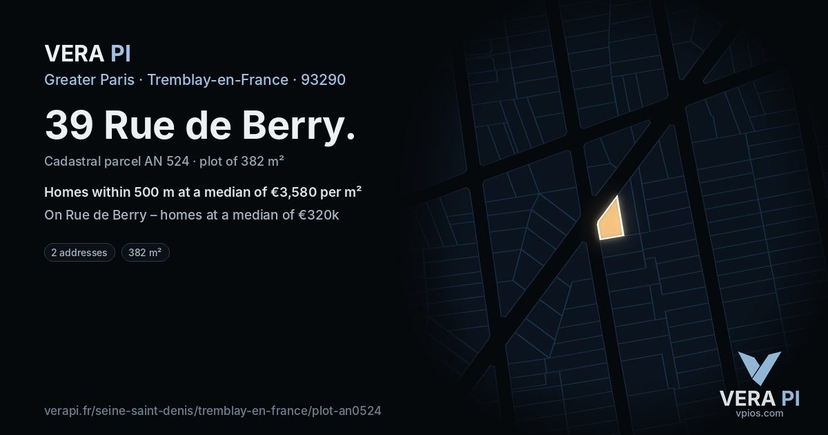 39 Rue de Berry, Tremblay-en-France at night – the plot lit, the parcels around coloured by the prices near them