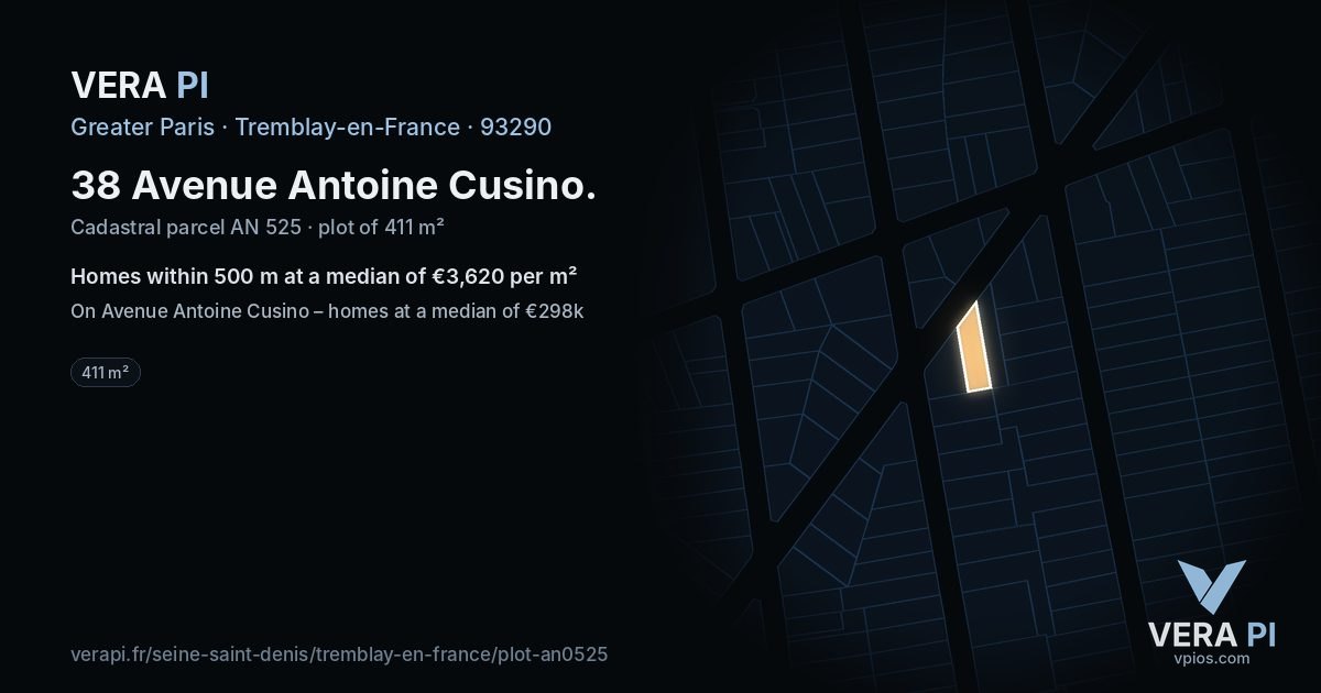 38 Avenue Antoine Cusino, Tremblay-en-France at night – the plot lit, the parcels around coloured by the prices near them