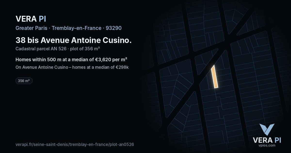 38 bis Avenue Antoine Cusino, Tremblay-en-France at night – the plot lit, the parcels around coloured by the prices near them