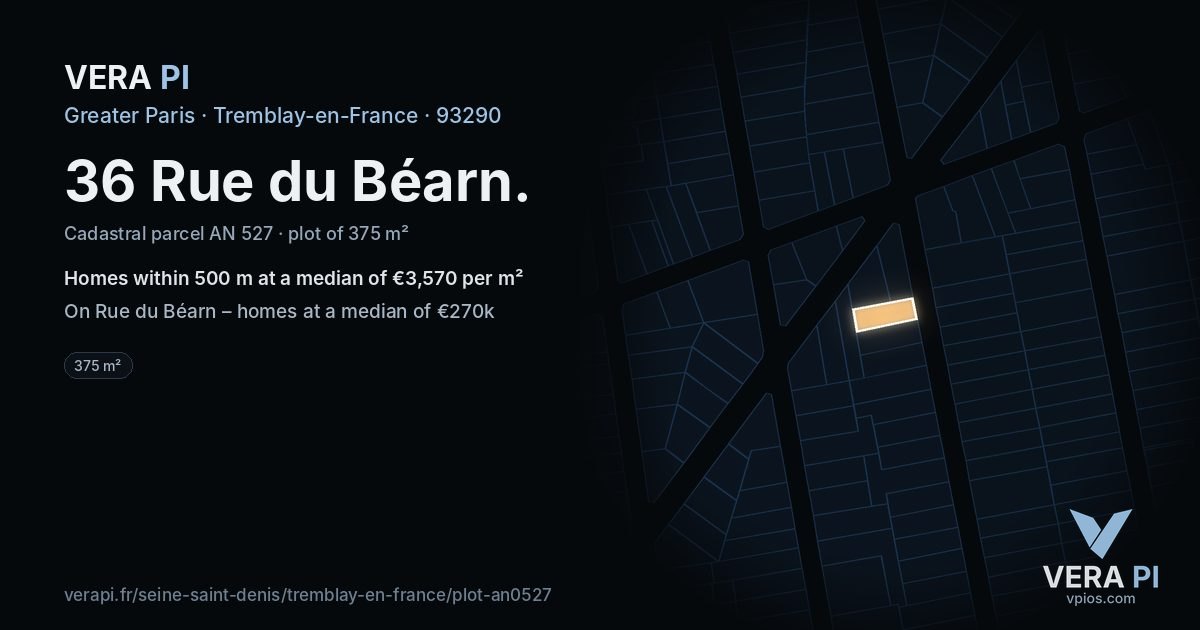 36 Rue du Béarn, Tremblay-en-France at night – the plot lit, the parcels around coloured by the prices near them