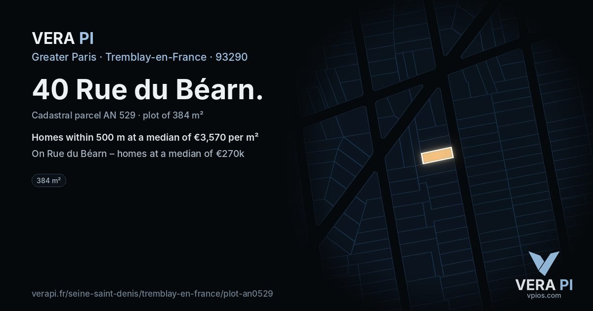 40 Rue du Béarn, Tremblay-en-France at night – the plot lit, the parcels around coloured by the prices near them