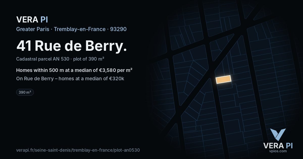 41 Rue de Berry, Tremblay-en-France at night – the plot lit, the parcels around coloured by the prices near them