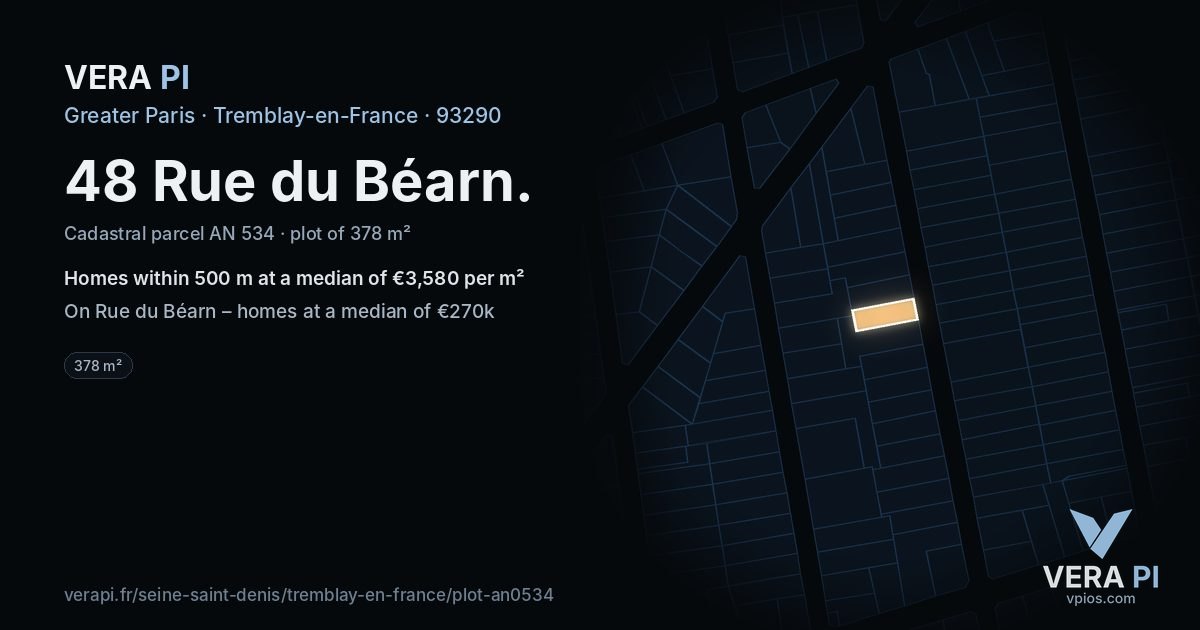 48 Rue du Béarn, Tremblay-en-France at night – the plot lit, the parcels around coloured by the prices near them