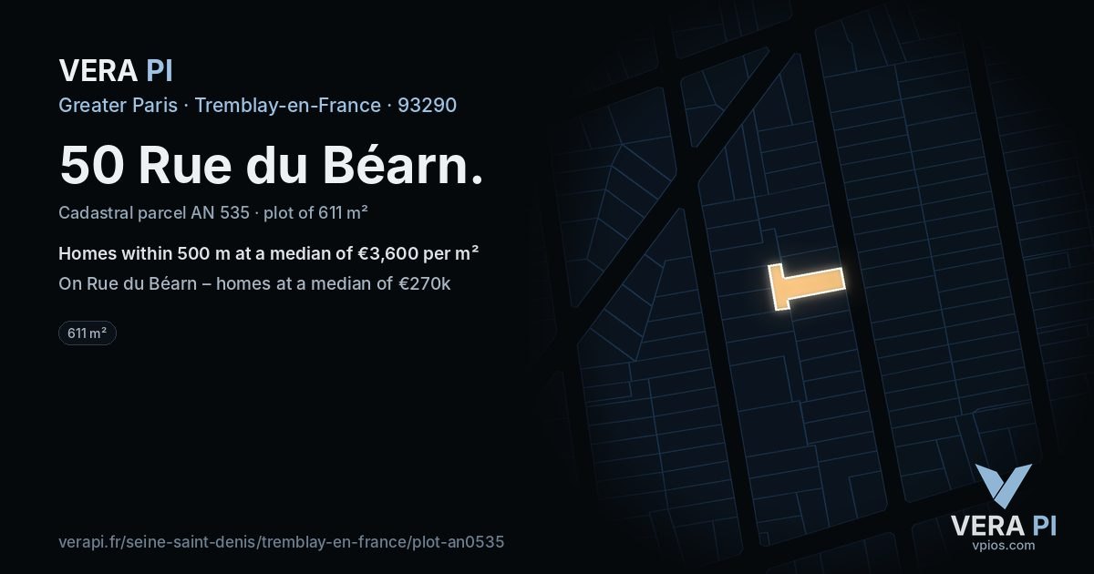 50 Rue du Béarn, Tremblay-en-France at night – the plot lit, the parcels around coloured by the prices near them