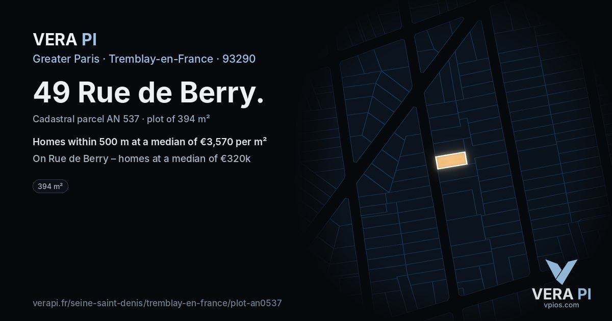 49 Rue de Berry, Tremblay-en-France at night – the plot lit, the parcels around coloured by the prices near them
