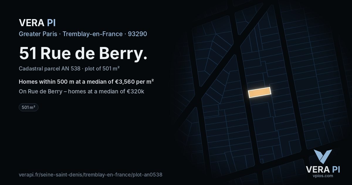 51 Rue de Berry, Tremblay-en-France at night – the plot lit, the parcels around coloured by the prices near them