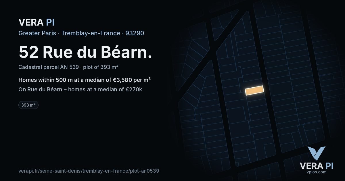 52 Rue du Béarn, Tremblay-en-France at night – the plot lit, the parcels around coloured by the prices near them