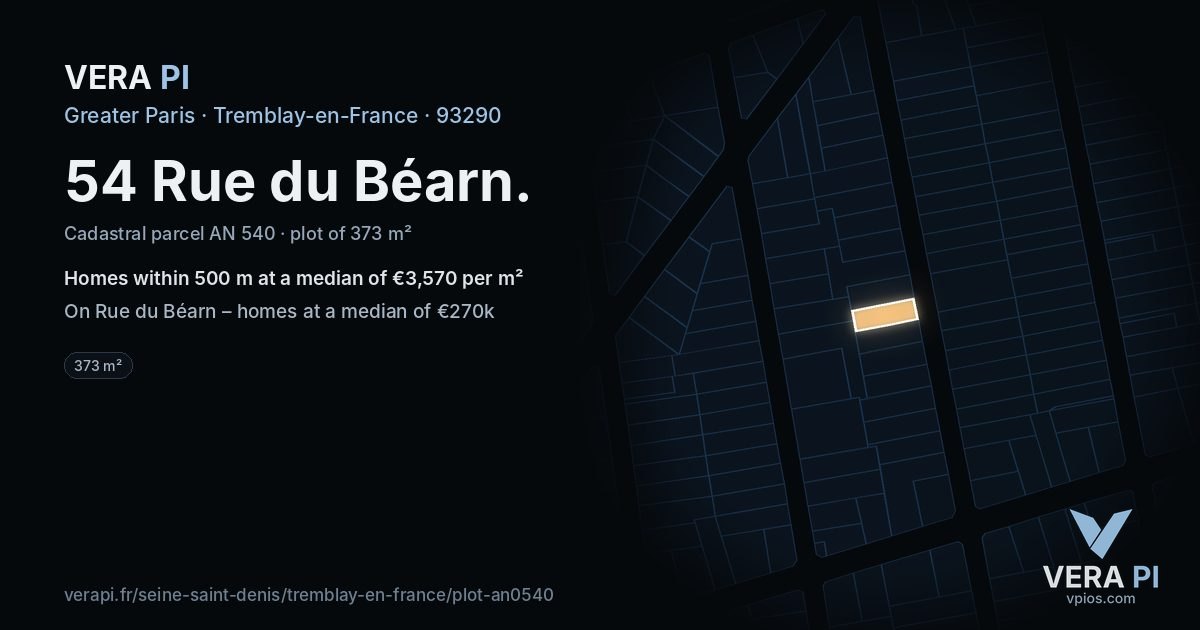 54 Rue du Béarn, Tremblay-en-France at night – the plot lit, the parcels around coloured by the prices near them