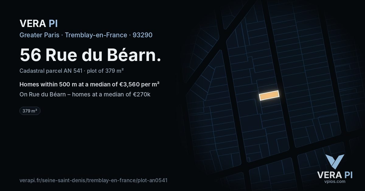 56 Rue du Béarn, Tremblay-en-France at night – the plot lit, the parcels around coloured by the prices near them