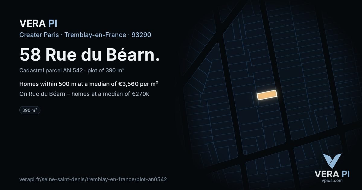 58 Rue du Béarn, Tremblay-en-France at night – the plot lit, the parcels around coloured by the prices near them