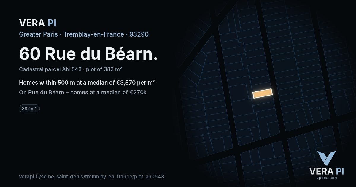 60 Rue du Béarn, Tremblay-en-France at night – the plot lit, the parcels around coloured by the prices near them