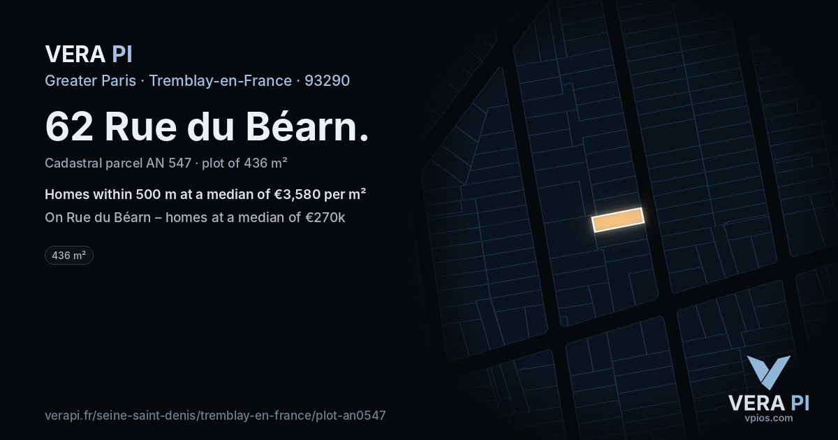 62 Rue du Béarn, Tremblay-en-France at night – the plot lit, the parcels around coloured by the prices near them