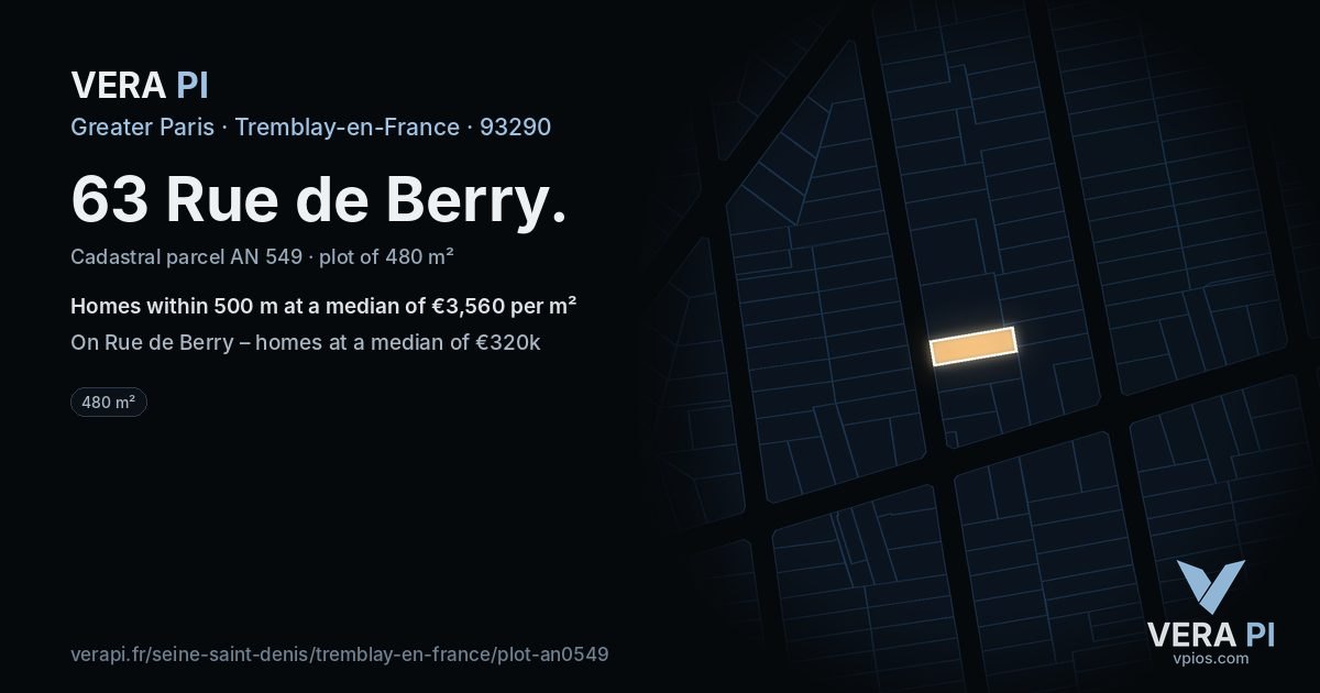 63 Rue de Berry, Tremblay-en-France at night – the plot lit, the parcels around coloured by the prices near them