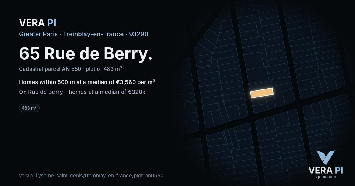 65 Rue de Berry, Tremblay-en-France at night – the plot lit, the parcels around coloured by the prices near them