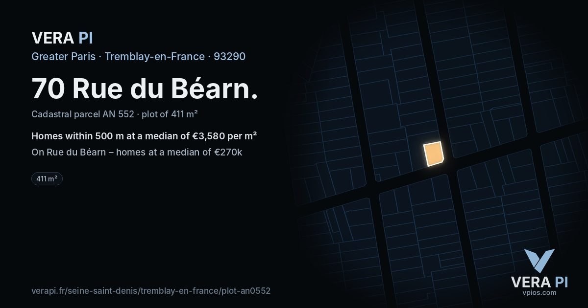 70 Rue du Béarn, Tremblay-en-France at night – the plot lit, the parcels around coloured by the prices near them