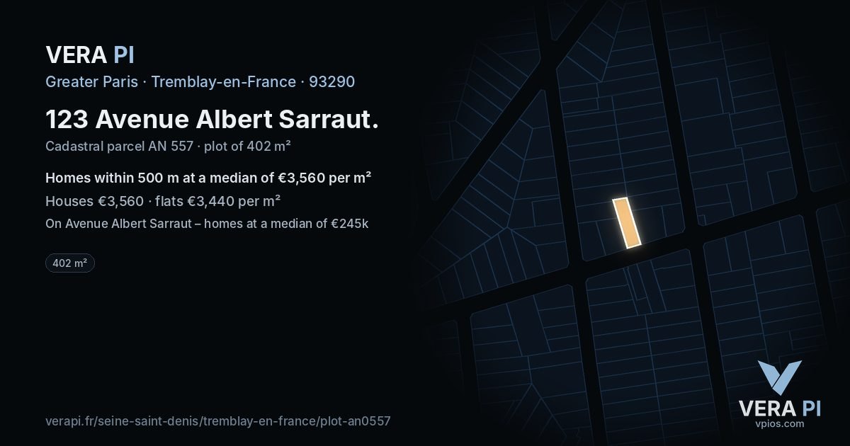123 Avenue Albert Sarraut, Tremblay-en-France at night – the plot lit, the parcels around coloured by the prices near them