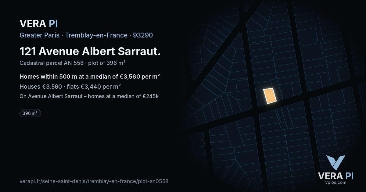 121 Avenue Albert Sarraut, Tremblay-en-France at night – the plot lit, the parcels around coloured by the prices near them