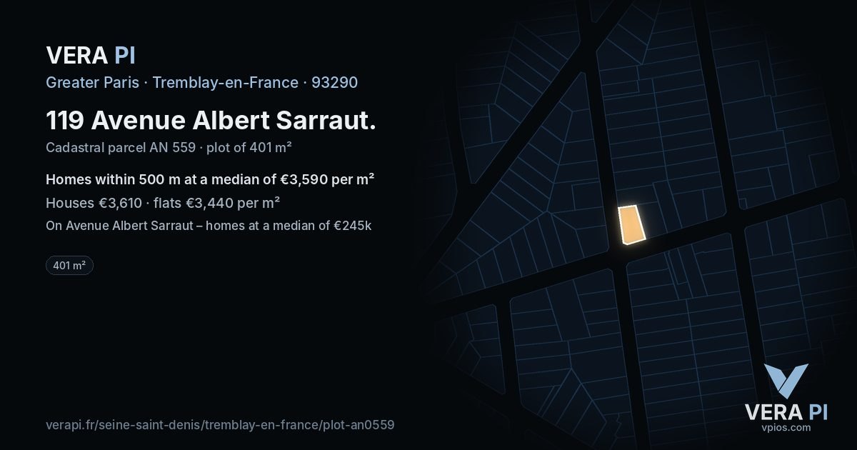119 Avenue Albert Sarraut, Tremblay-en-France at night – the plot lit, the parcels around coloured by the prices near them