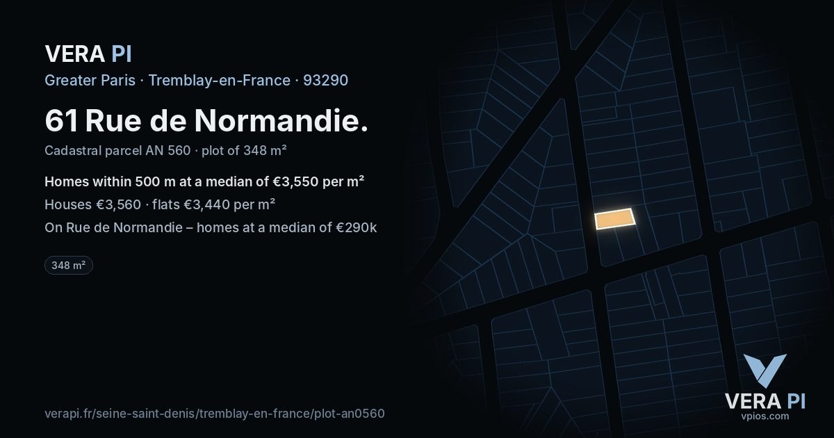 61 Rue de Normandie, Tremblay-en-France at night – the plot lit, the parcels around coloured by the prices near them