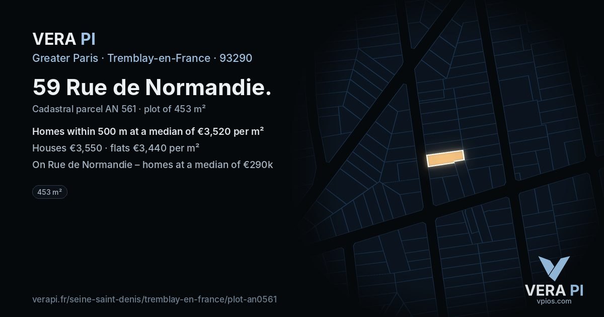 59 Rue de Normandie, Tremblay-en-France at night – the plot lit, the parcels around coloured by the prices near them