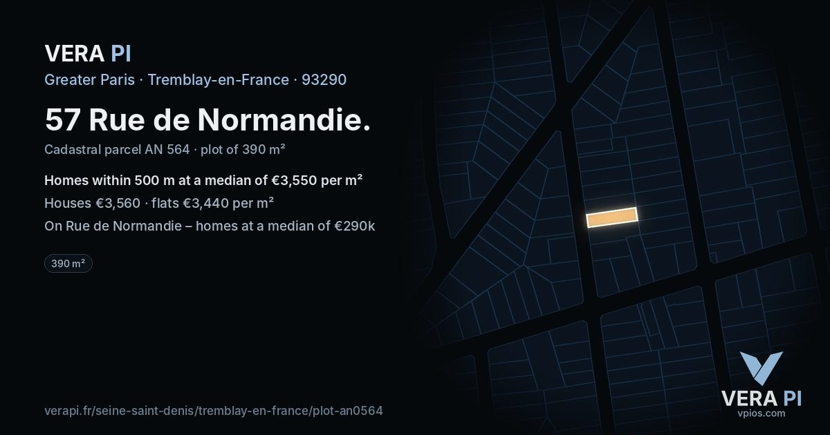 57 Rue de Normandie, Tremblay-en-France at night – the plot lit, the parcels around coloured by the prices near them