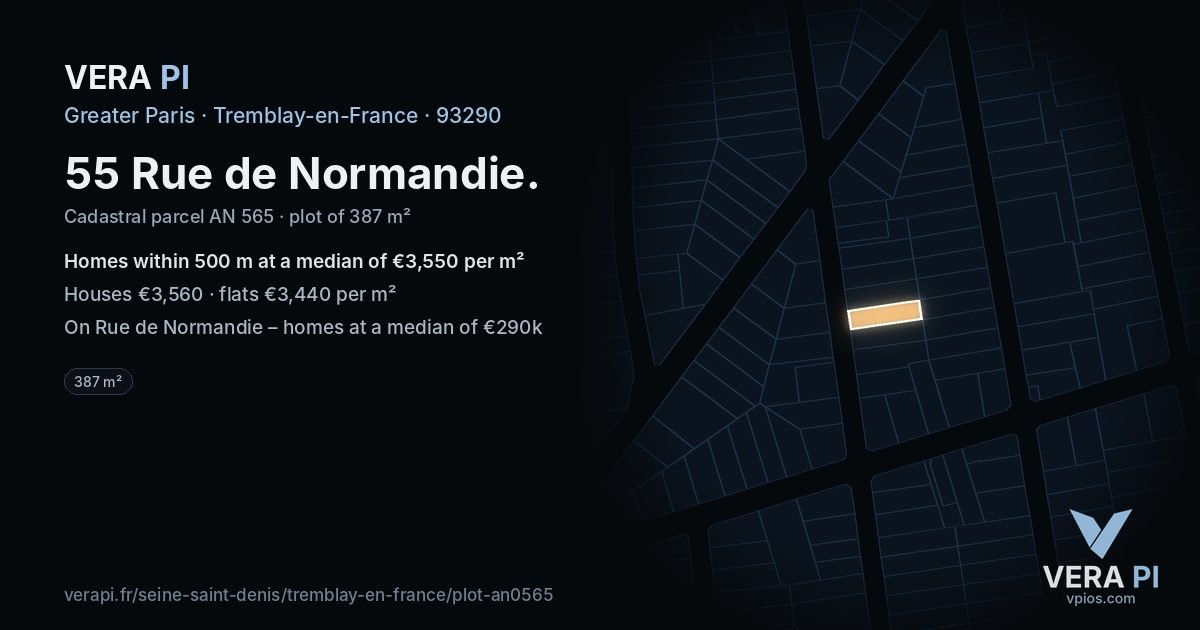 55 Rue de Normandie, Tremblay-en-France at night – the plot lit, the parcels around coloured by the prices near them