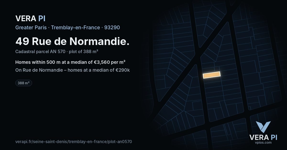 49 Rue de Normandie, Tremblay-en-France at night – the plot lit, the parcels around coloured by the prices near them