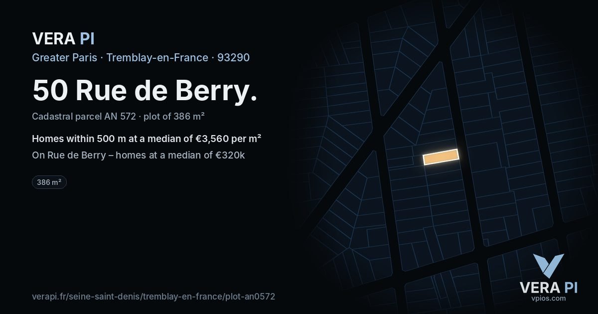 50 Rue de Berry, Tremblay-en-France at night – the plot lit, the parcels around coloured by the prices near them