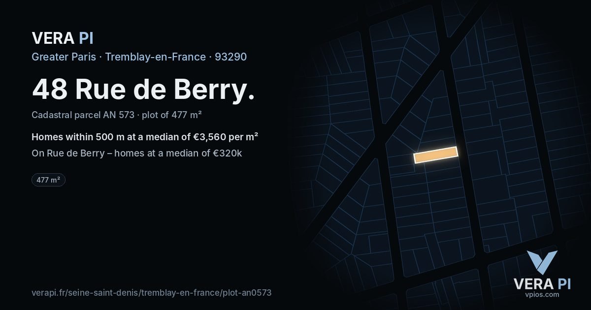 48 Rue de Berry, Tremblay-en-France at night – the plot lit, the parcels around coloured by the prices near them
