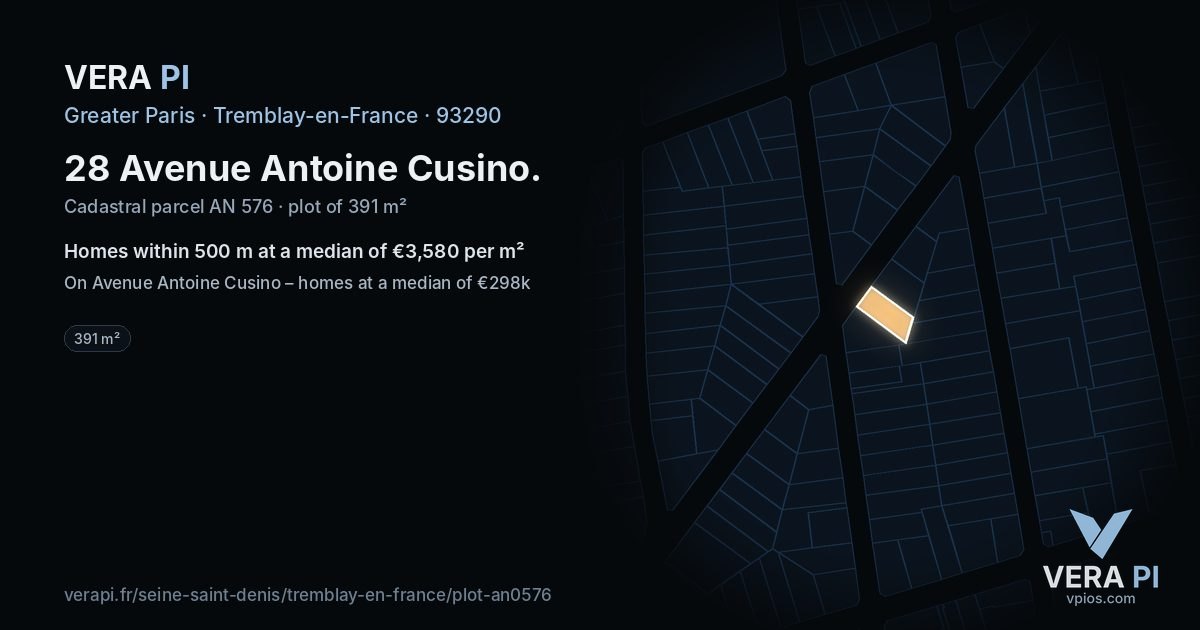 28 Avenue Antoine Cusino, Tremblay-en-France at night – the plot lit, the parcels around coloured by the prices near them