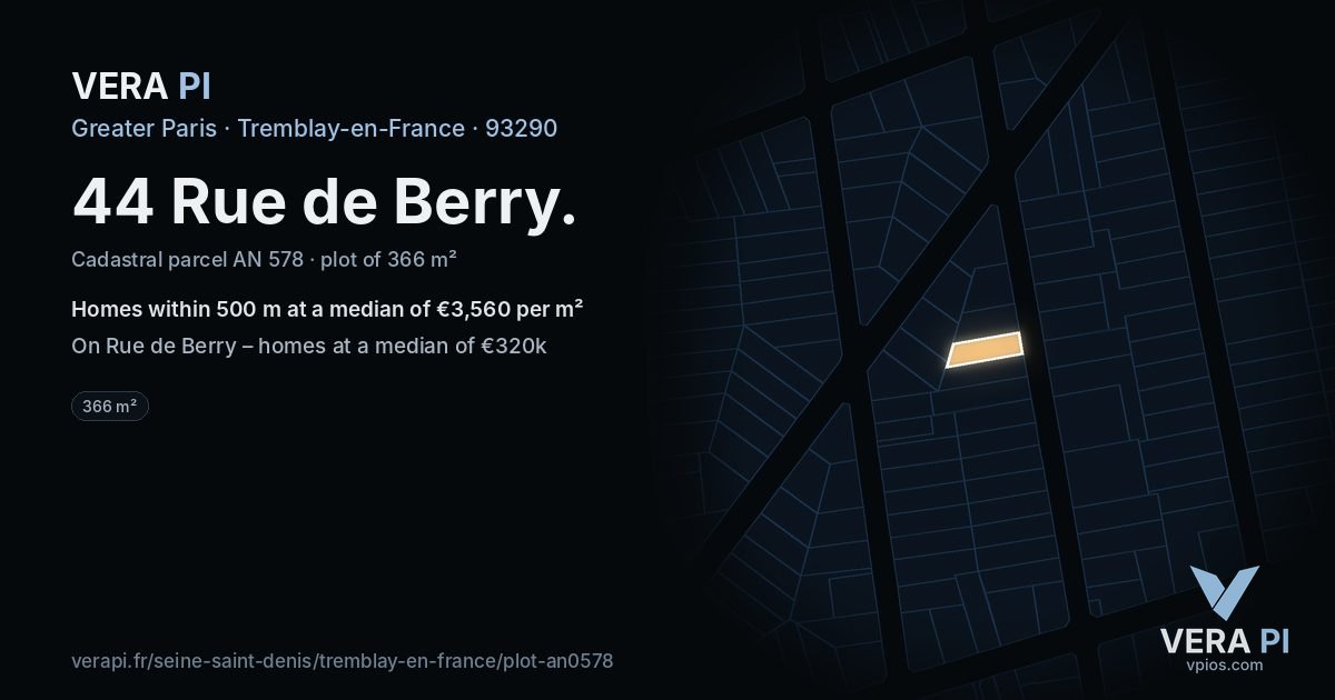 44 Rue de Berry, Tremblay-en-France at night – the plot lit, the parcels around coloured by the prices near them