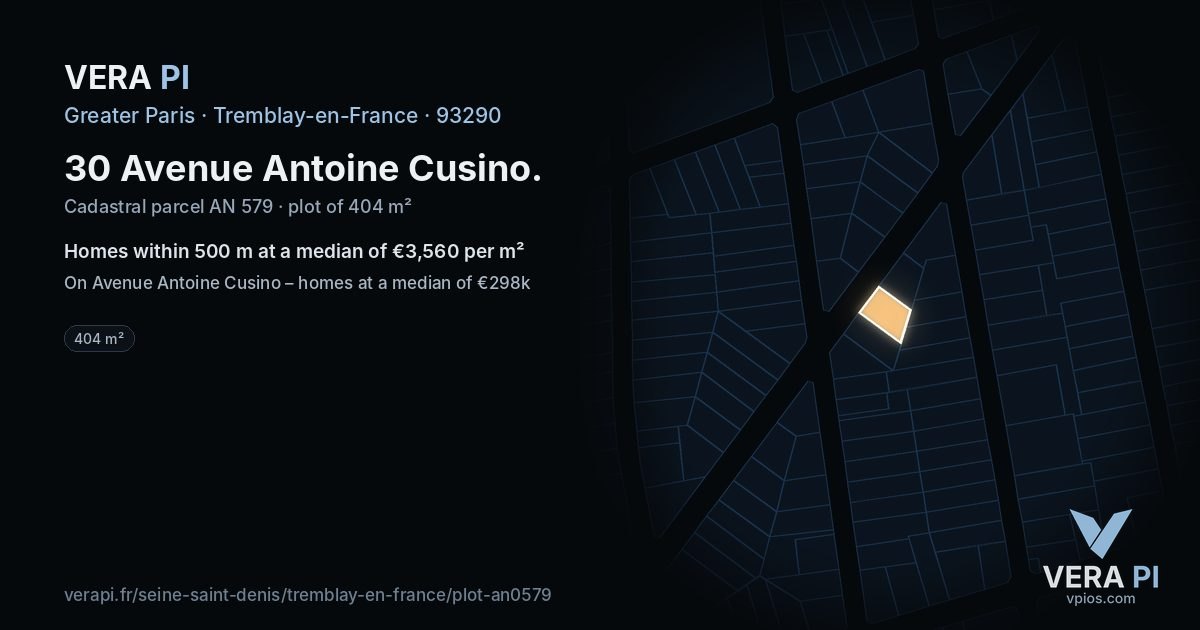 30 Avenue Antoine Cusino, Tremblay-en-France at night – the plot lit, the parcels around coloured by the prices near them