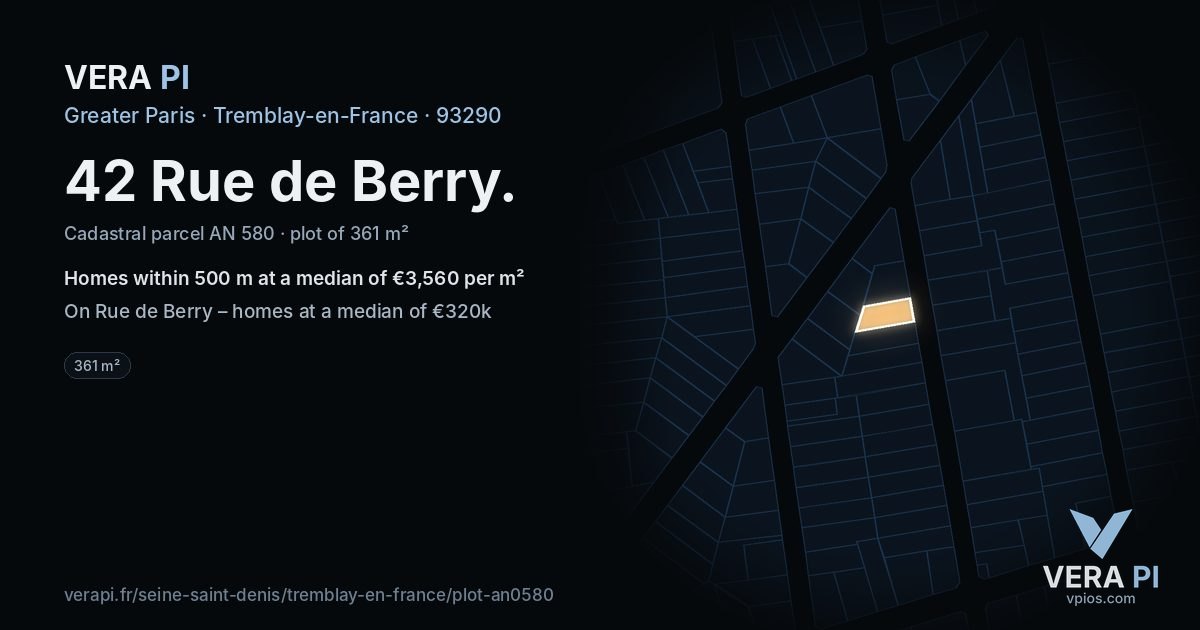 42 Rue de Berry, Tremblay-en-France at night – the plot lit, the parcels around coloured by the prices near them