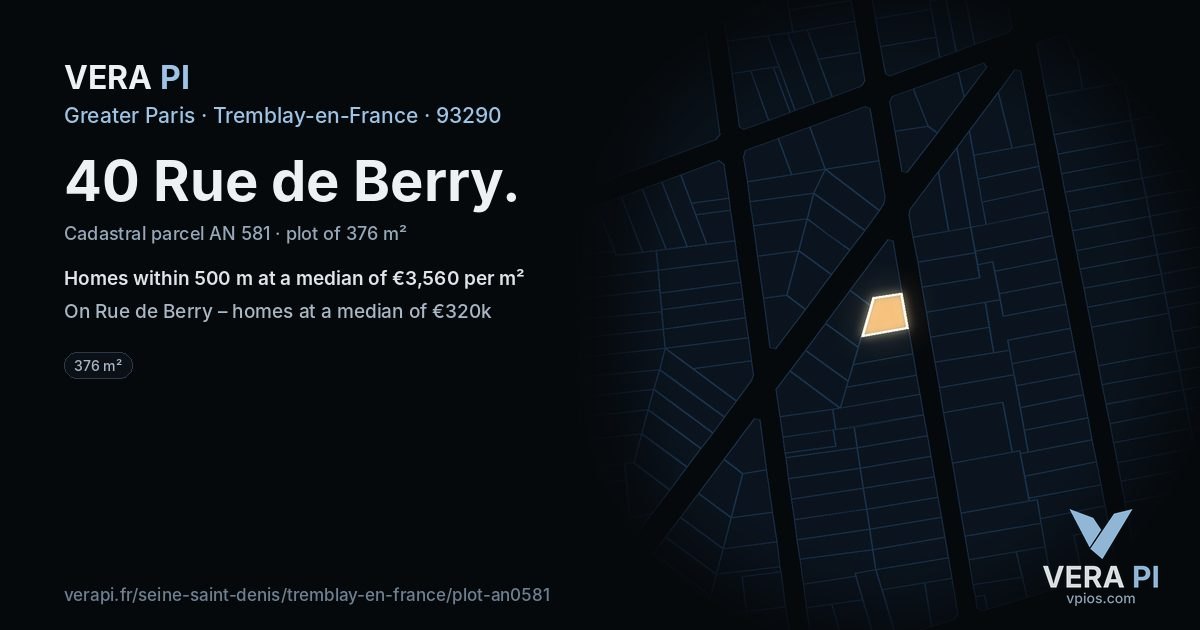 40 Rue de Berry, Tremblay-en-France at night – the plot lit, the parcels around coloured by the prices near them