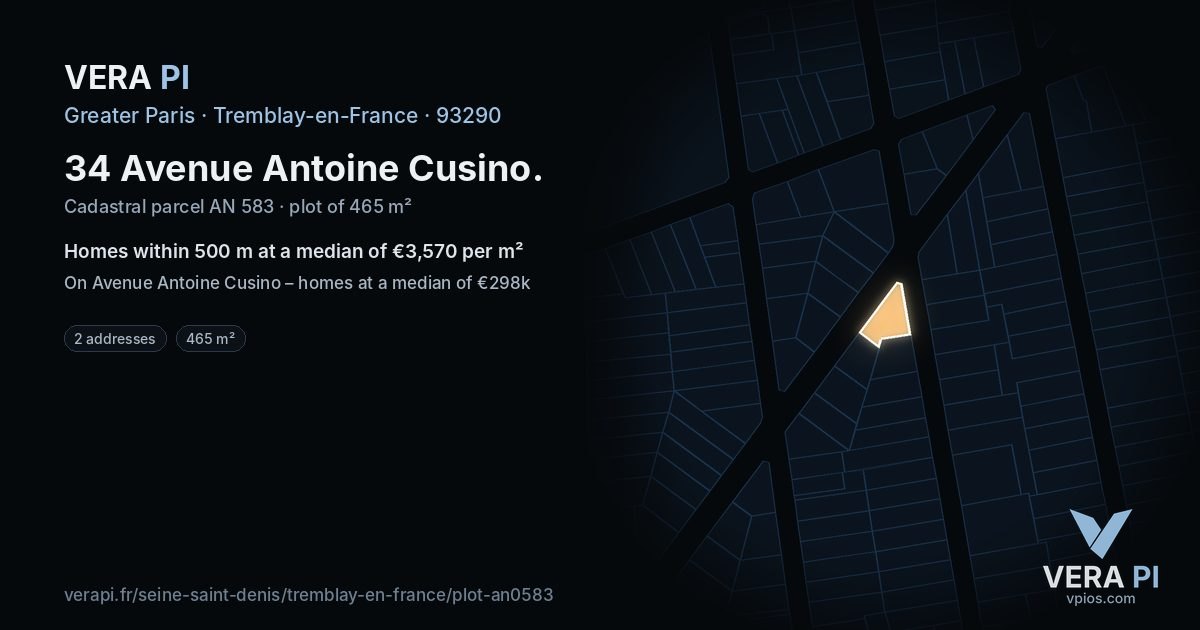 34 Avenue Antoine Cusino, Tremblay-en-France at night – the plot lit, the parcels around coloured by the prices near them