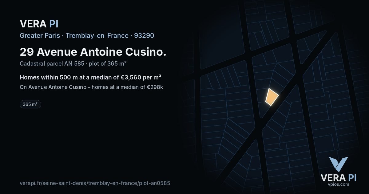 29 Avenue Antoine Cusino, Tremblay-en-France at night – the plot lit, the parcels around coloured by the prices near them