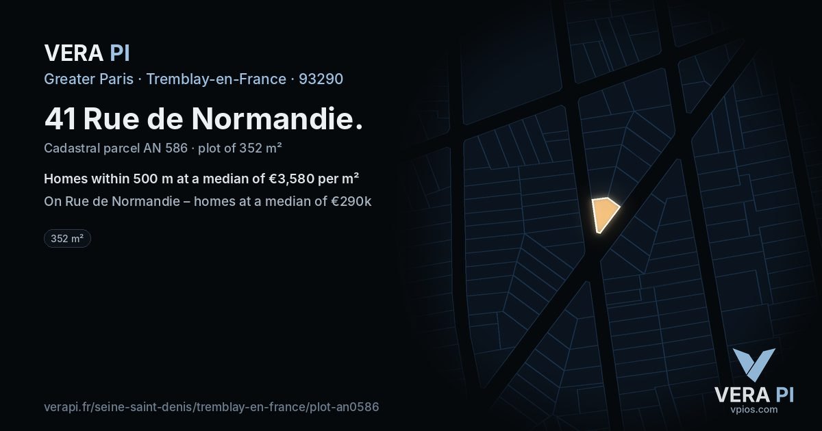 41 Rue de Normandie, Tremblay-en-France at night – the plot lit, the parcels around coloured by the prices near them