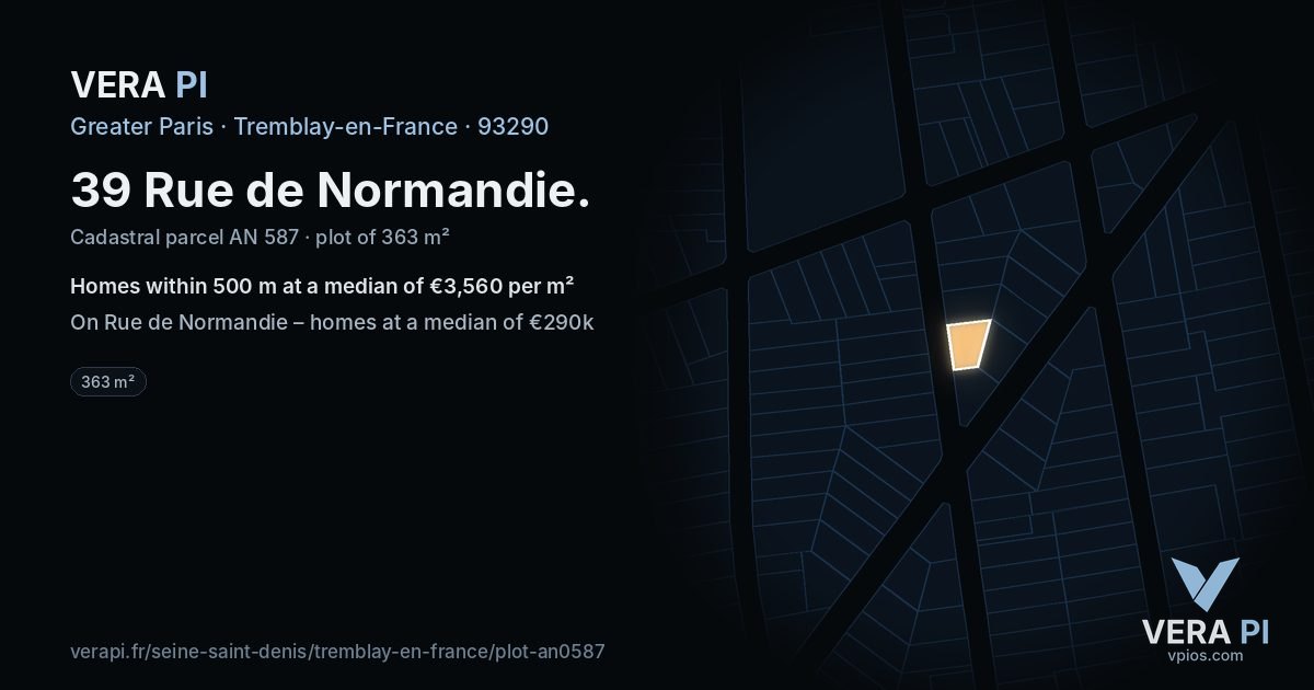 39 Rue de Normandie, Tremblay-en-France at night – the plot lit, the parcels around coloured by the prices near them