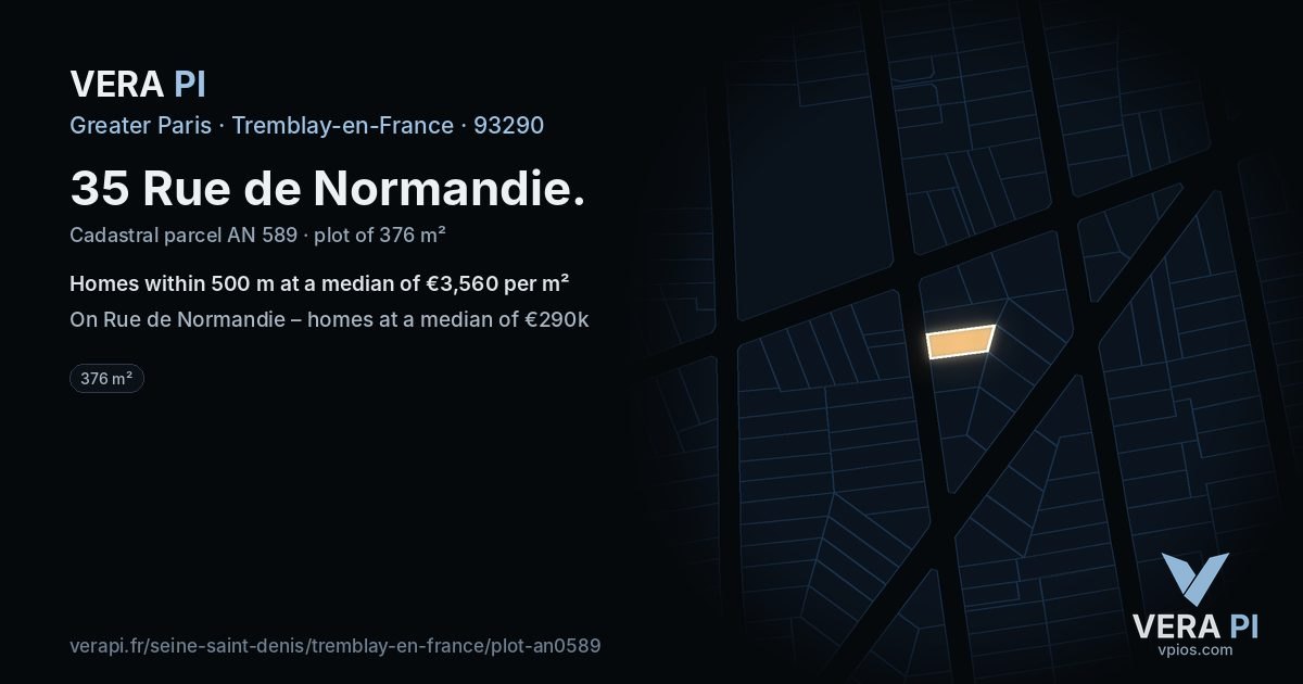 35 Rue de Normandie, Tremblay-en-France at night – the plot lit, the parcels around coloured by the prices near them