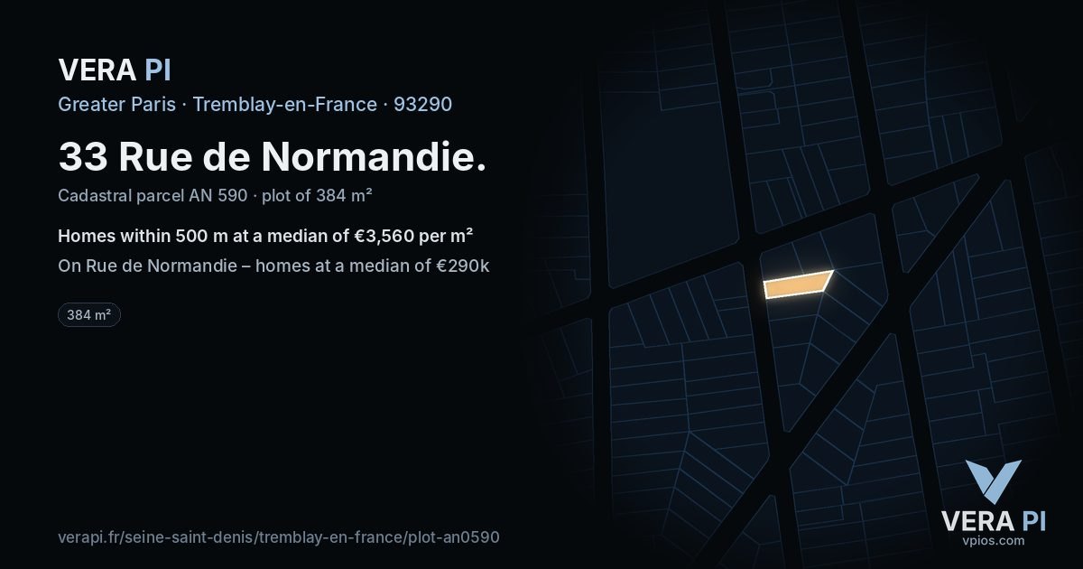 33 Rue de Normandie, Tremblay-en-France at night – the plot lit, the parcels around coloured by the prices near them
