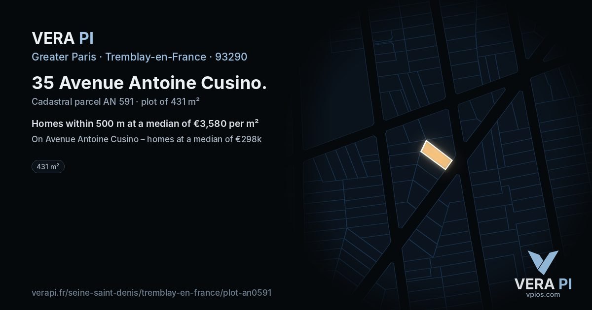 35 Avenue Antoine Cusino, Tremblay-en-France at night – the plot lit, the parcels around coloured by the prices near them
