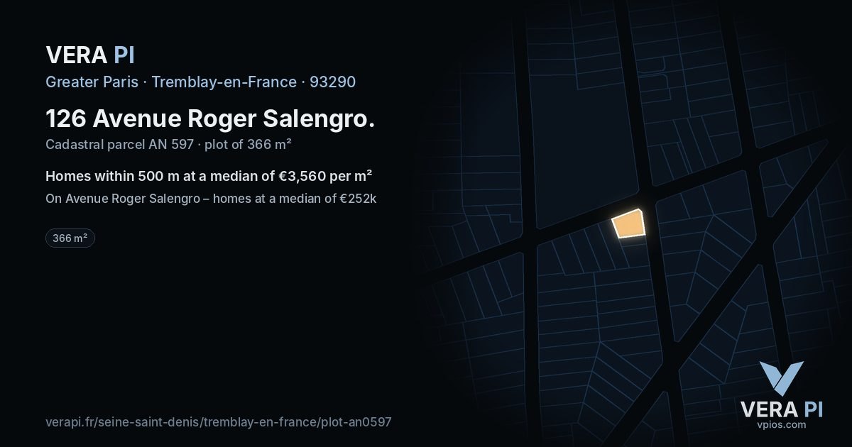 126 Avenue Roger Salengro, Tremblay-en-France at night – the plot lit, the parcels around coloured by the prices near them
