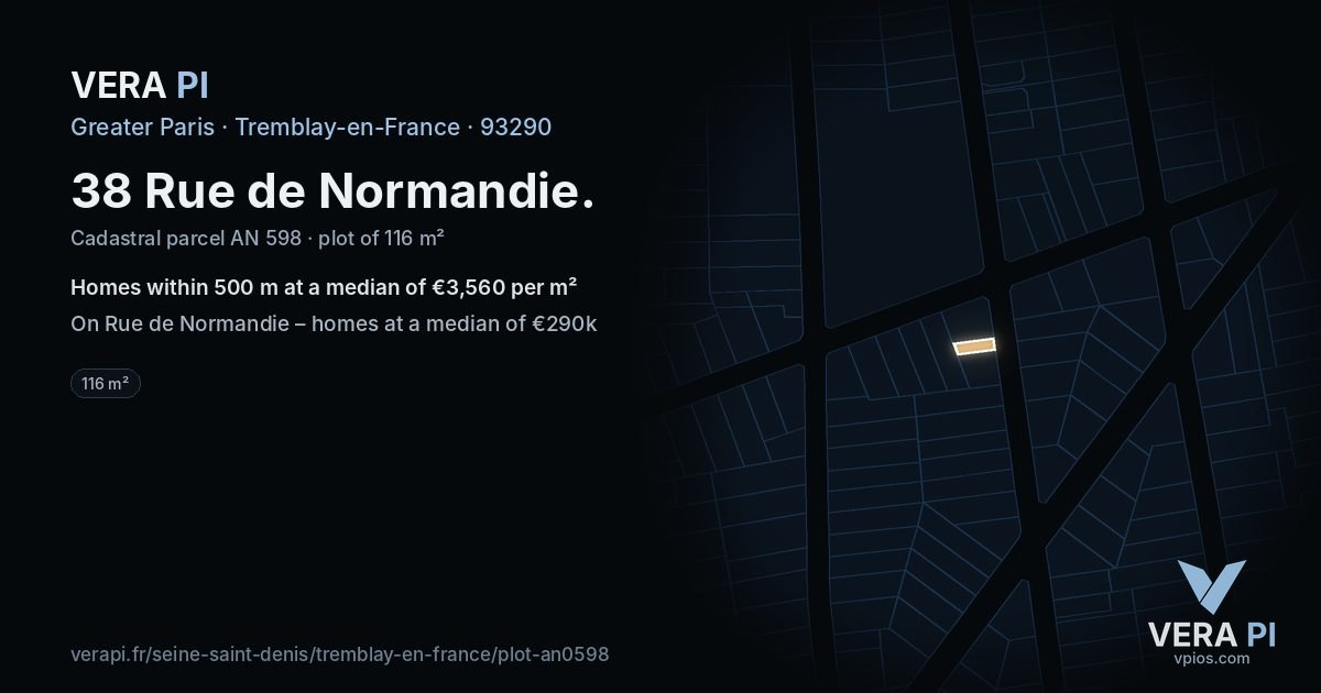 38 Rue de Normandie, Tremblay-en-France at night – the plot lit, the parcels around coloured by the prices near them