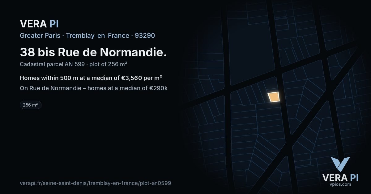 38 bis Rue de Normandie, Tremblay-en-France at night – the plot lit, the parcels around coloured by the prices near them