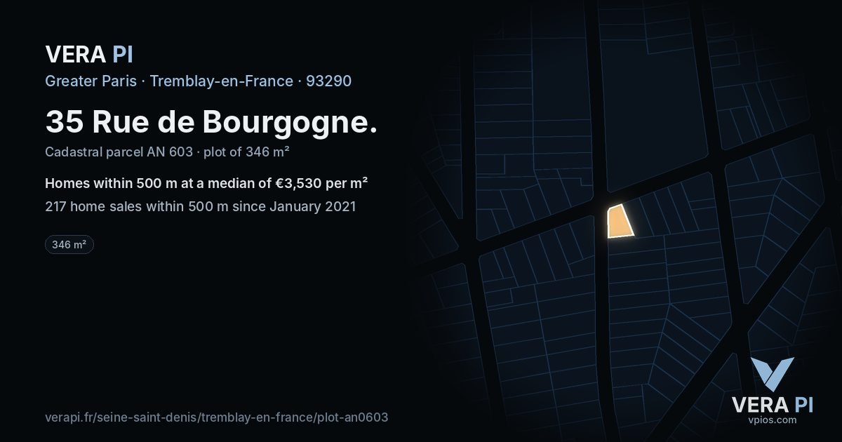 35 Rue de Bourgogne, Tremblay-en-France at night – the plot lit, the parcels around coloured by the prices near them