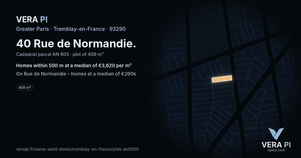 40 Rue de Normandie, Tremblay-en-France at night – the plot lit, the parcels around coloured by the prices near them