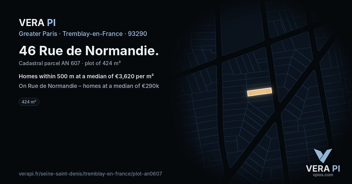 46 Rue de Normandie, Tremblay-en-France at night – the plot lit, the parcels around coloured by the prices near them