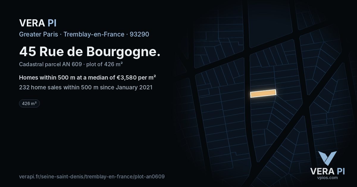 45 Rue de Bourgogne, Tremblay-en-France at night – the plot lit, the parcels around coloured by the prices near them