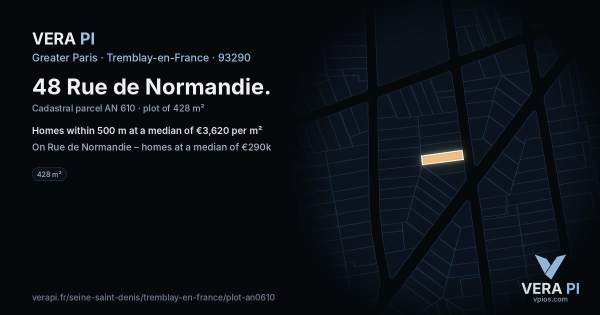 48 Rue de Normandie, Tremblay-en-France at night – the plot lit, the parcels around coloured by the prices near them