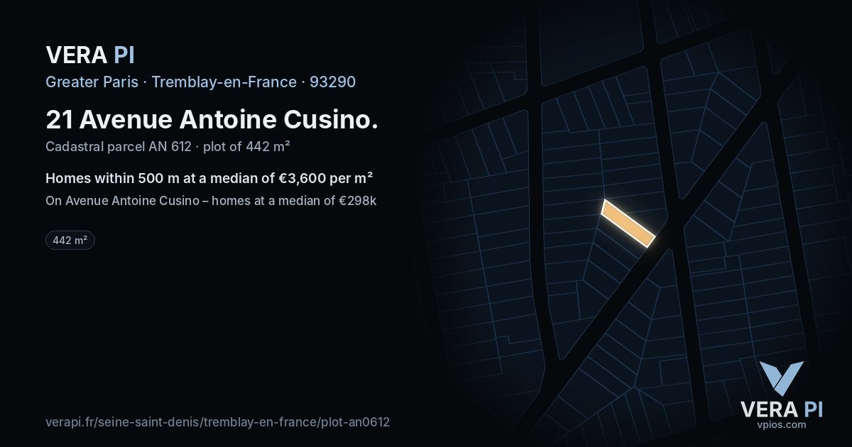 21 Avenue Antoine Cusino, Tremblay-en-France at night – the plot lit, the parcels around coloured by the prices near them